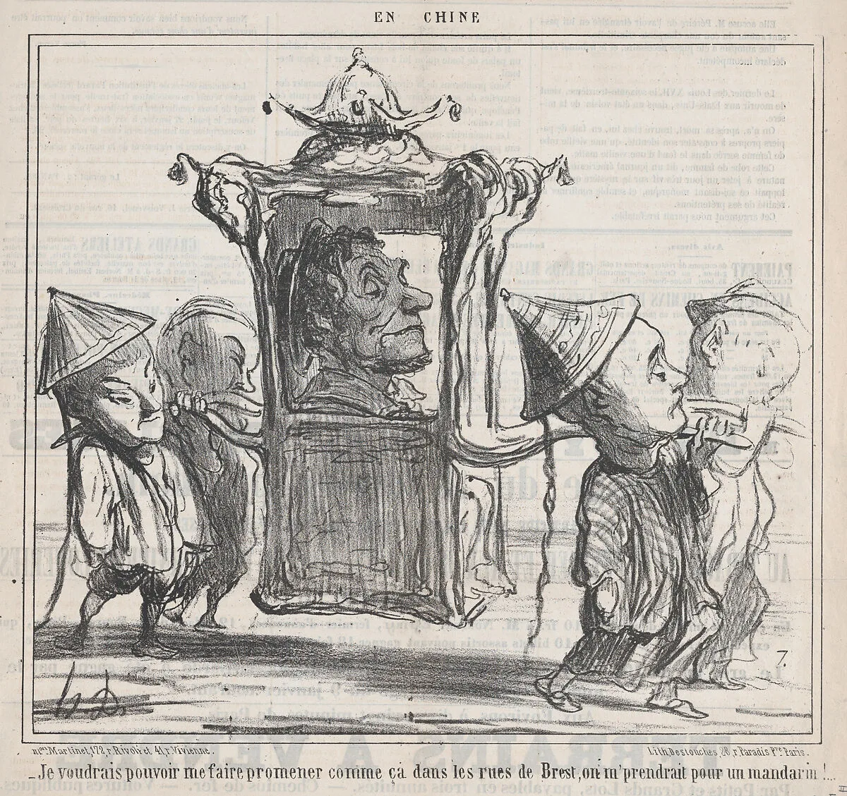 Je voudrais pouvoir me faire promener, from En Chine, published in Le Charivari, January 22, 1859 — Honoré Daumier|Destouches|Aaron Martinet