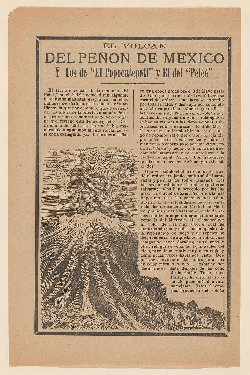 Broadside relating to a news story about the destruction following a volcanic eruption, volcano erupting while animals and men on horseback flee — José Guadalupe Posada|Antonio Vanegas Arroyo