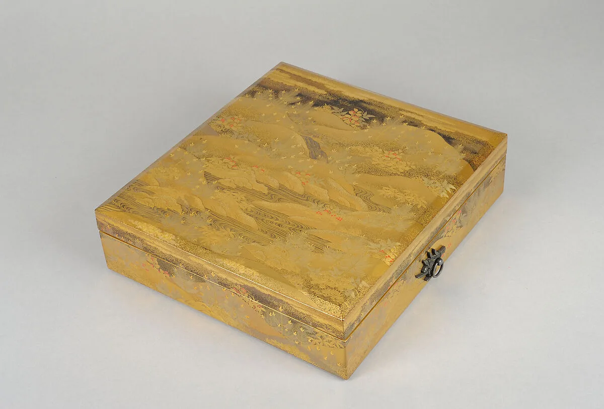 若松南天蒔絵色紙箱|Box for Square Calligraphy Paper (shikishi-bako) with an Auspicious Landscape of Young Pines and Nandina Shrubs — Unknown