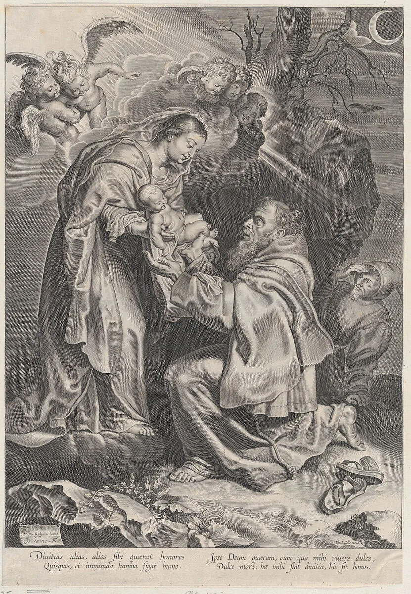 The Vision of Saint Francis, kneeling at right, receiving the Christ child from the Virgin Mary — Peter Paul Rubens|Michel Lasne|Theodoor Galle