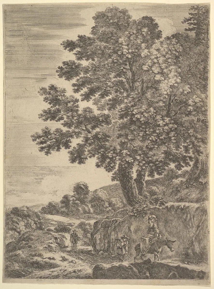 A young woman seated on a donkey wearing a hat with a feather riding towards the right, two men follow to left, a large tree above to right, from 'Four large landscapes' (Quatre grands paysages en hauteur) — Stefano della Bella