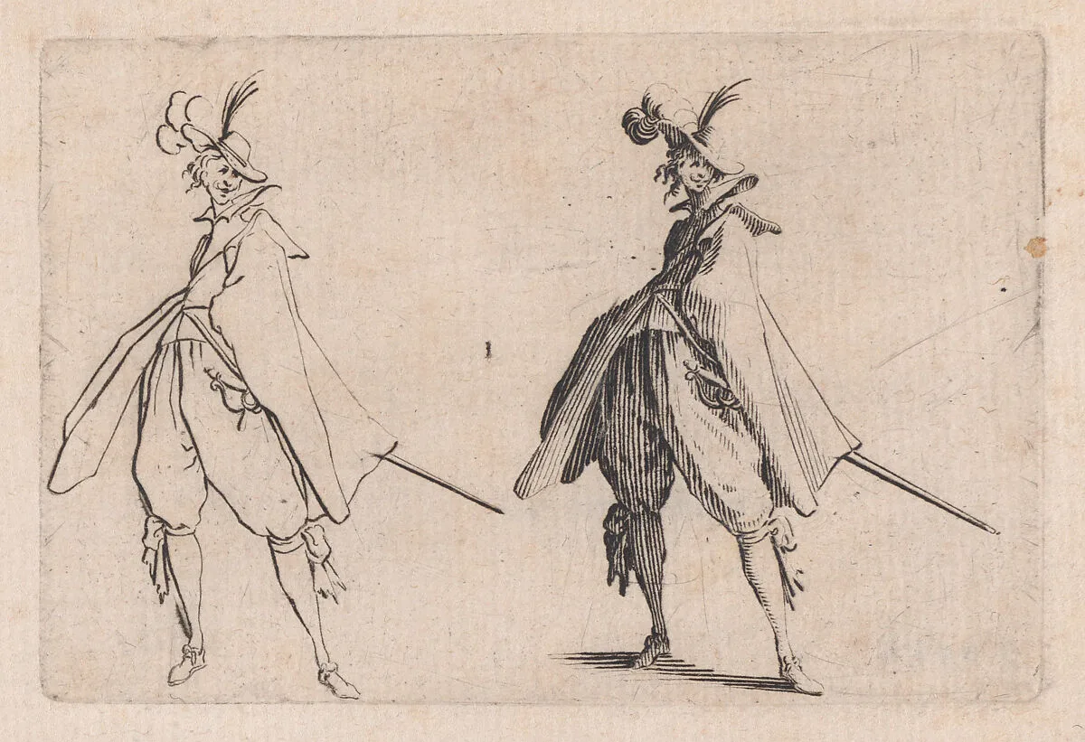 Le Gentilhomme au Grand Manteau, Vu de Face (The Gentleman with the Large Mantle, Viewed from the Front), from Les Caprices Series B, The Nancy Set — Jacques Callot|Lorenzo de' Medici