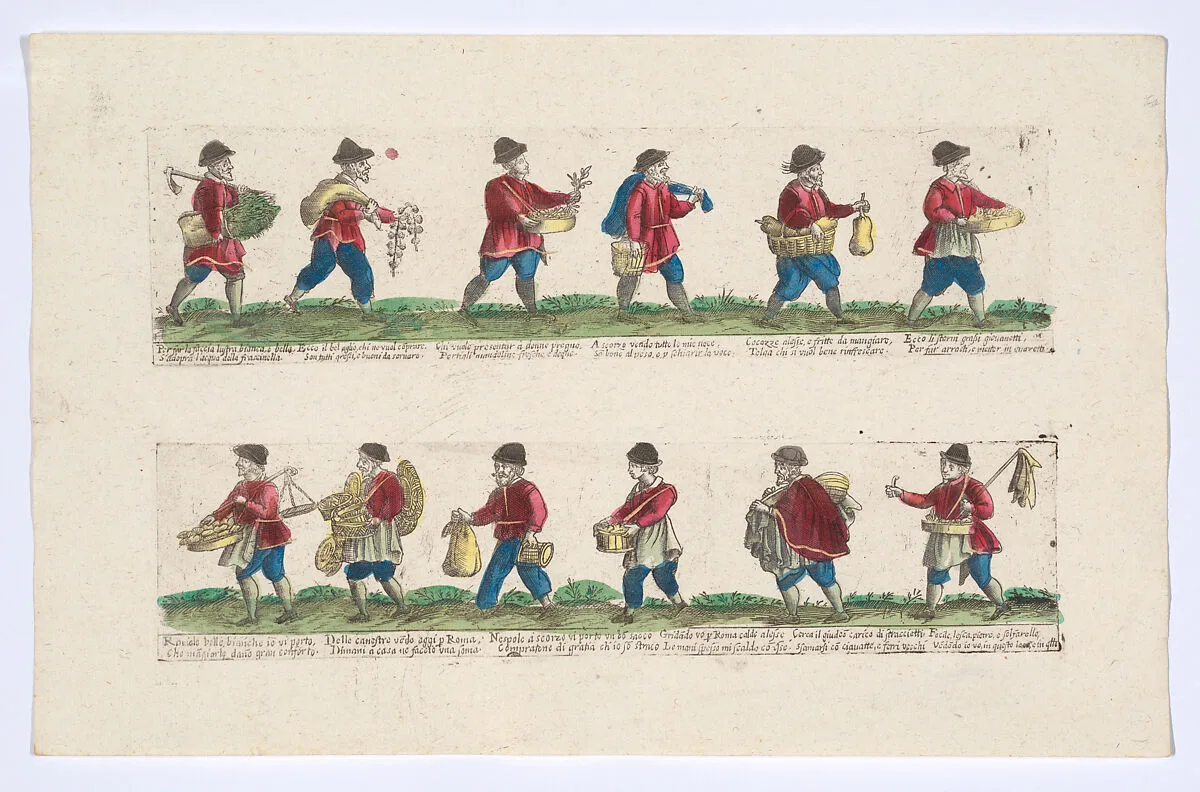 Unnumbered plate depicting the trades of Rome, here including vendors of garlic, ravioli, canisters etc, from the 'Descrición de las artes que se llaman para los calles de la ciudad de Roma' — Giovanni Ambrogio Brambilla|Remondini