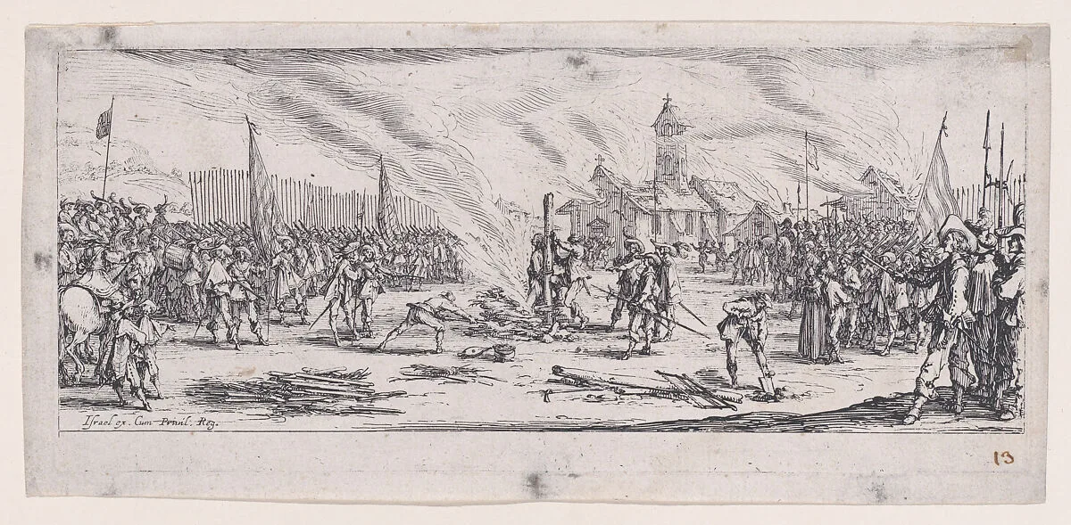 Le Bûcher (The Pyre), from Les Misères et les Mal-Heures de la Guerre (The Miseries and Misfortunes of War), plate 13 — Jacques Callot|Israël Henriet