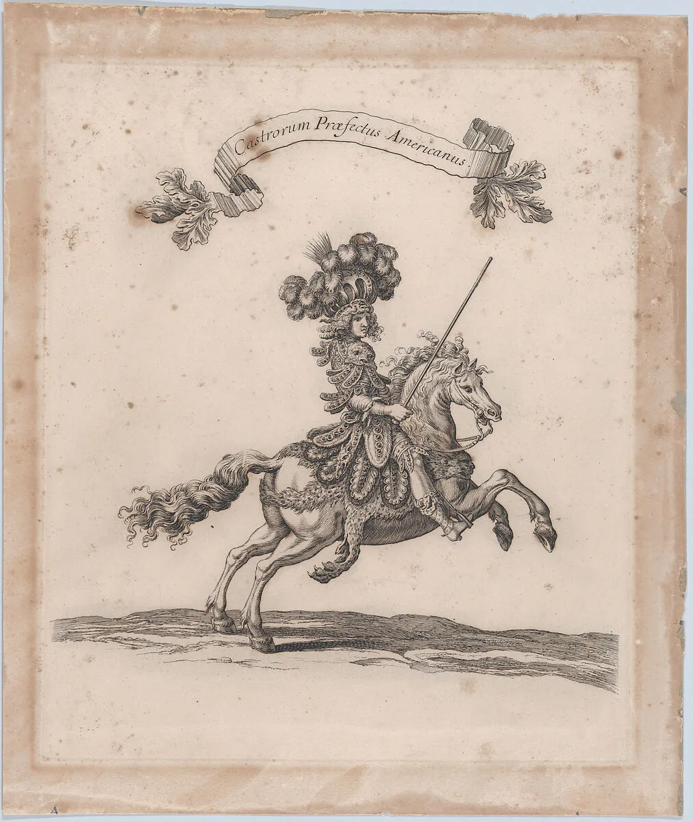Castrorum Prœfectus Americanus, from 'Courses de Testes et de Bagues Faittes par Roy et par les Princes et Signeurs de sa Cour, en l'annee 1662' (Grand Carrousel) — Charles Perrault|Israel Silvestre|François Chauveau