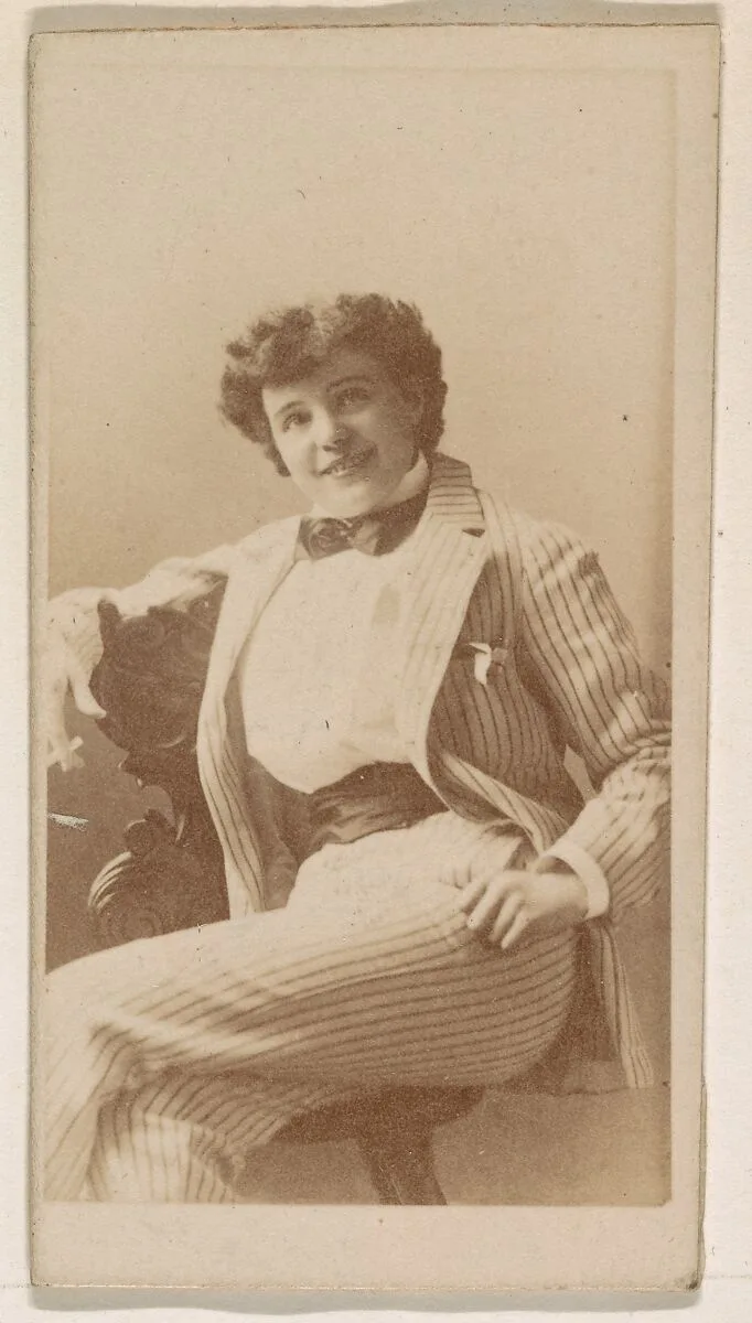 Actress dressed in pinstripe suit, from the Actresses series (N245) issued by Kinney Brothers to promote Sweet Caporal Cigarettes — Kinney Brothers Tobacco Company