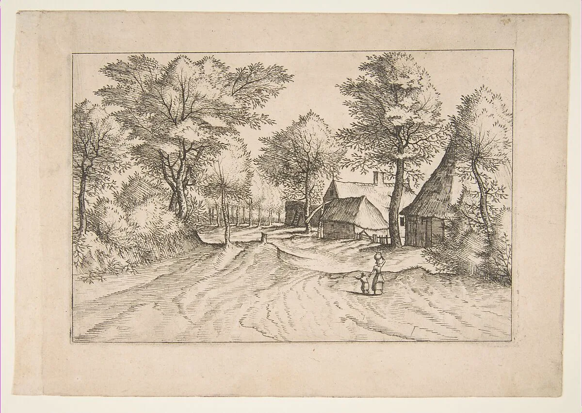 Village Road with a Farm and Sheds, from the series, The Small Landscapes (Multifariarum Casularum) — Johannes van Doetecum I|The Master of the Small Landscapes|Lucas van Doetecum|Pieter Bruegel the Elder