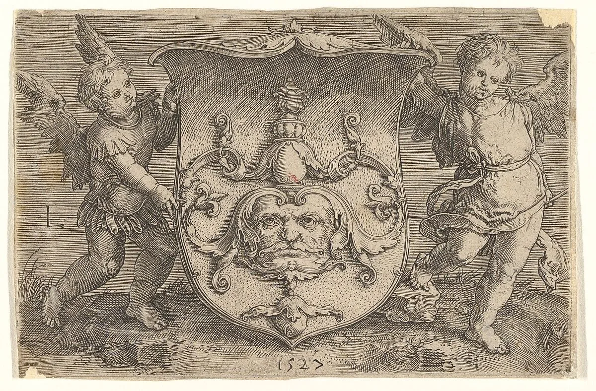 Coat of Arms with a Mask, Held by Two Genii — Lucas van Leyden