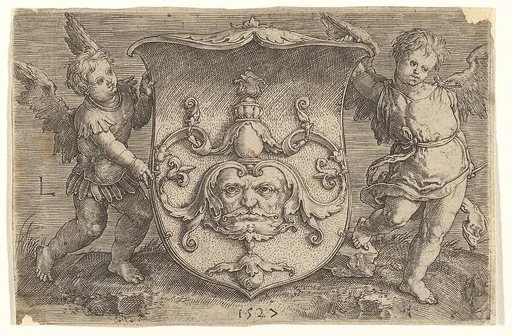 Coat of Arms with a Mask, Held by Two Genii