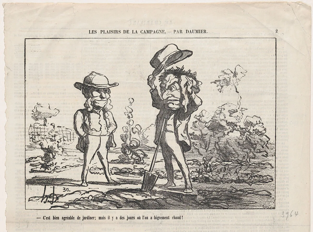 Working in the garden can be fun... but there are days when it is just too damn hot! / One rejoices in pure, unspoiled happiness when harvesting one's own apples... at least as long as one doesn't break one's neck, from 'The joys of country life,' published in Le Charivari, September 14, 1865 — Aaron Martinet|Honoré Daumier|Destouches