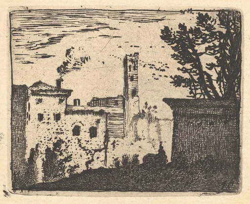 Townscape with wall and foliage in shadow in right foreground, buildings with smoking chimney and square tower beyond, from the series 'The Small Landscapes'