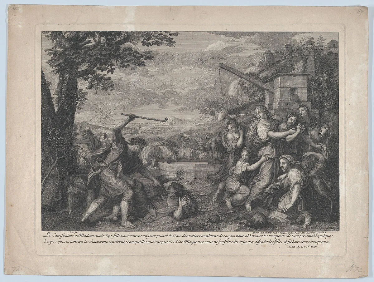 Moses Defending the Daughers of Jethro (after Le Brun) — Charles Le Brun|Jean Audran|Benoit Audran the Elder