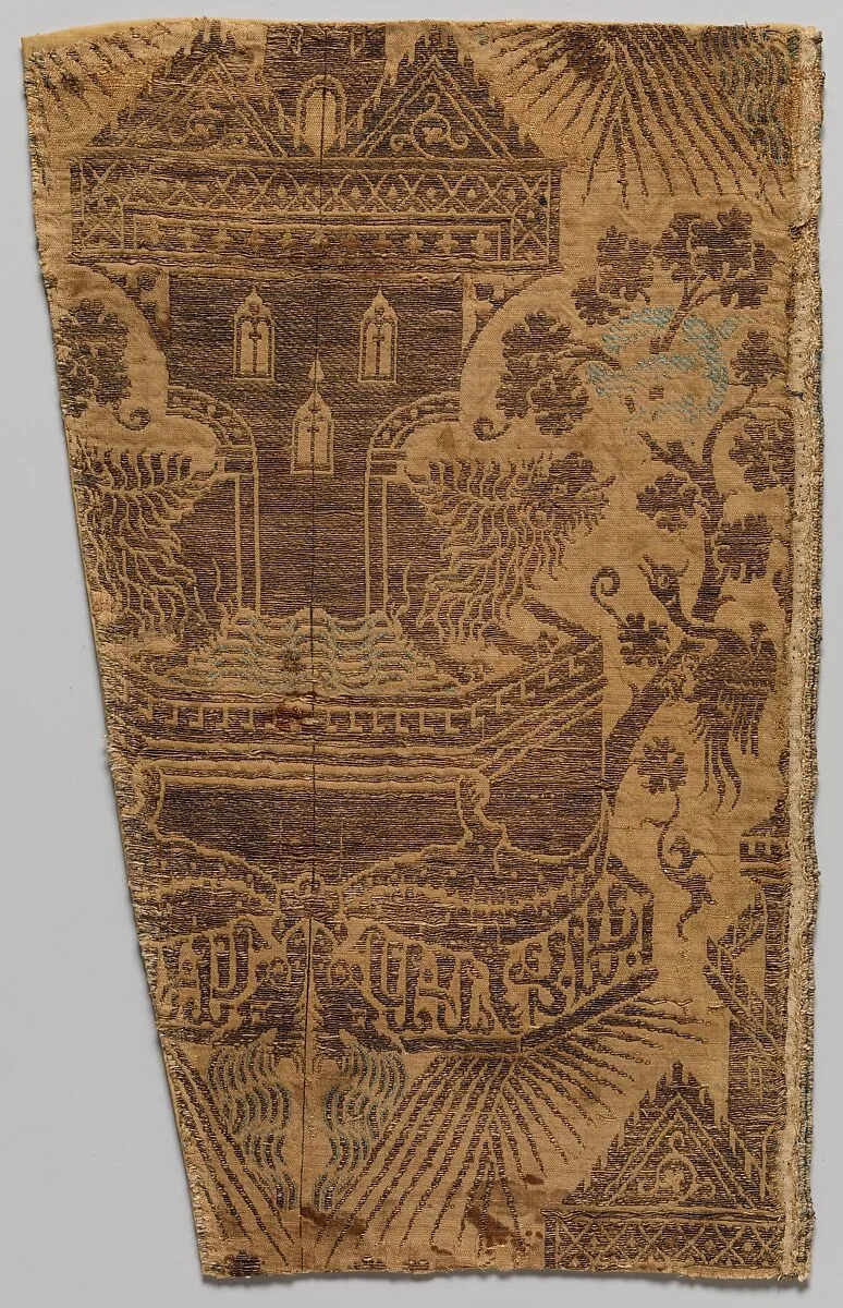 Textile with Architectural Fountain Guarded by Lions — Unknown