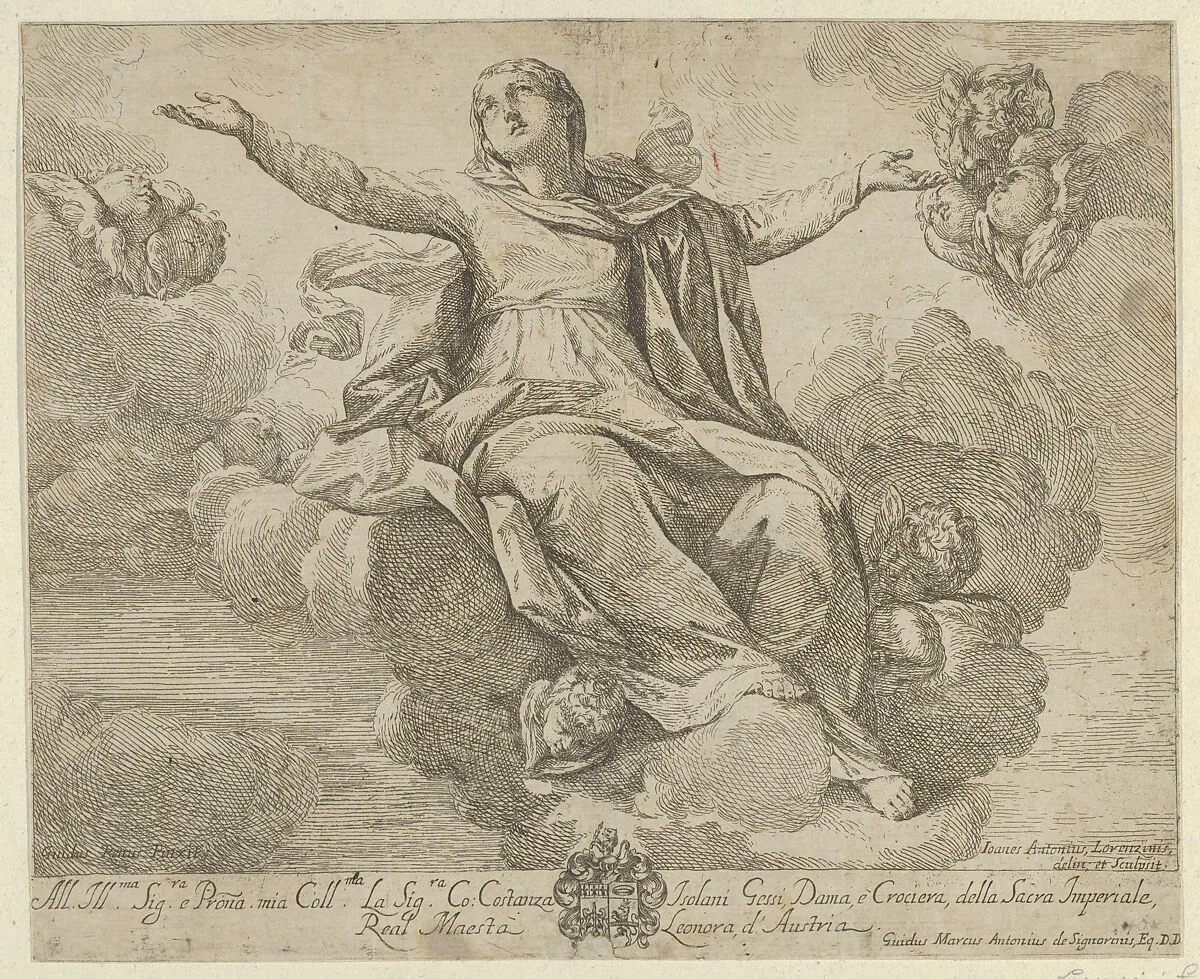 The Assumption of the Virgin, who is seated in the clouds with arms outstretched, angels surrounding her — Guido Reni|Fra Antonio Lorenzini