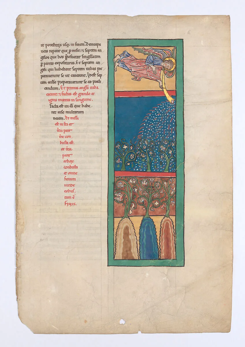 Leaf from a Beatus Manuscript: the First Angel Sounds the Trumpet; Fire, Hail-stones, and Blood are Cast Upon the Earth — Unknown