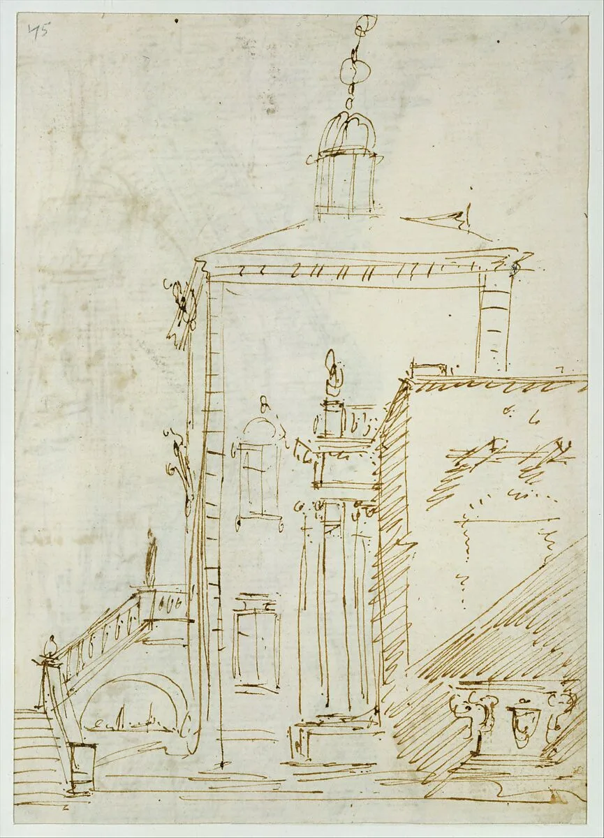 A Magnificent Pavilion by the Lagoon (recto); The Grand Canal, with the Rialto Bridge from the South (verso) — Canaletto (Giovanni Antonio Canal)
