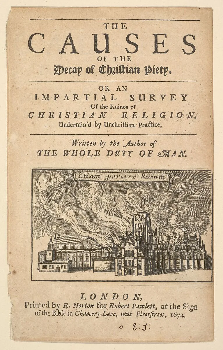 Title Page: The Causes of Decay of Christian Piety, with vignette of St. Paul's Burning, (Lex ignea) — Wenceslaus Hollar|Richard Allestree