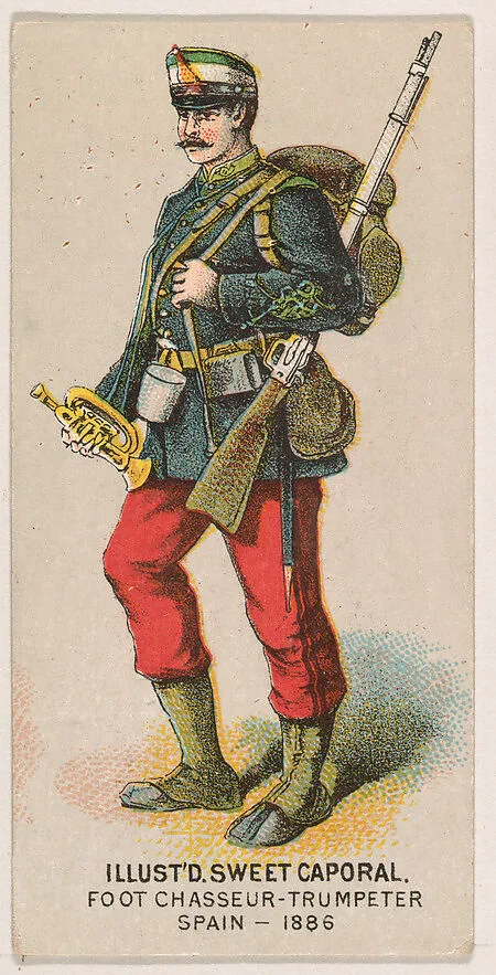 Foot Chasseur, Trumpeter, Spain, 1886, from the Military Series (N224) issued by Kinney Tobacco Company to promote Sweet Caporal Cigarettes — Kinney Brothers Tobacco Company