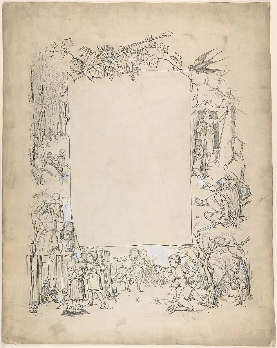 Cartouche framed with scenes of Christ leaving tomb and Easter Bunny — Anonymous, German, 19th century