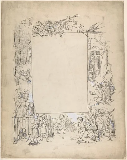 Cartouche framed with scenes of Christ leaving tomb and Easter Bunny