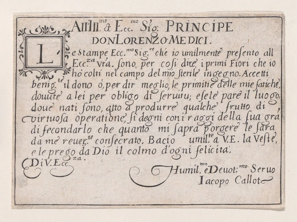 Dedication to Lorenzo de'Medici, from Les Caprices Series A, The Florence Set — Jacques Callot|Lorenzo de' Medici