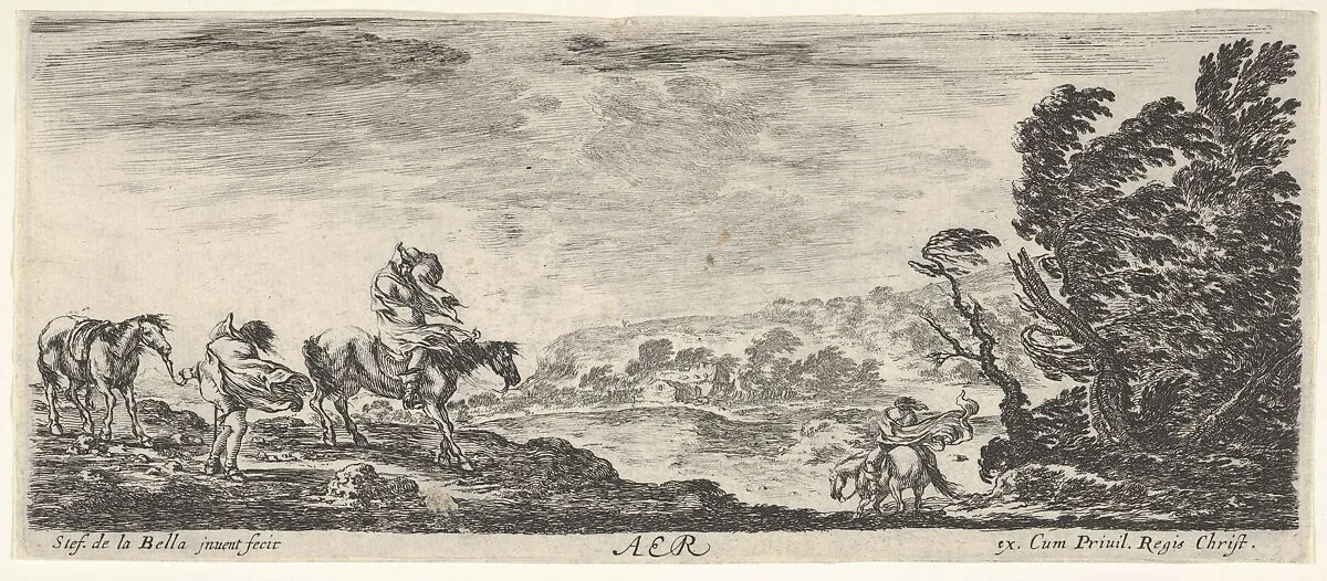 Air, a landscape during a hurricane, three horsemen battling the wind, a mass of trees to the right, from 'The four elements' (Les quatre Eléments) — Stefano della Bella