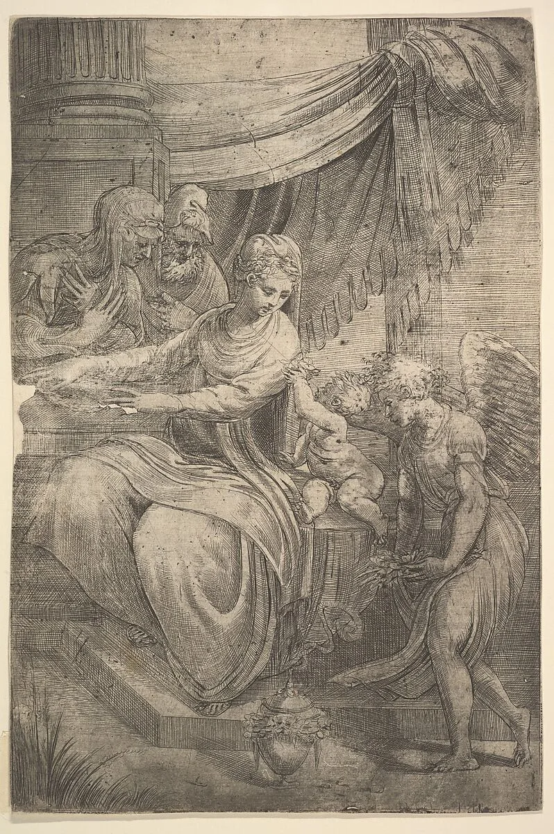 The Holy Family, an angel holding flowers approaching from the right — Andrea Schiavone (Andrea Meldola)