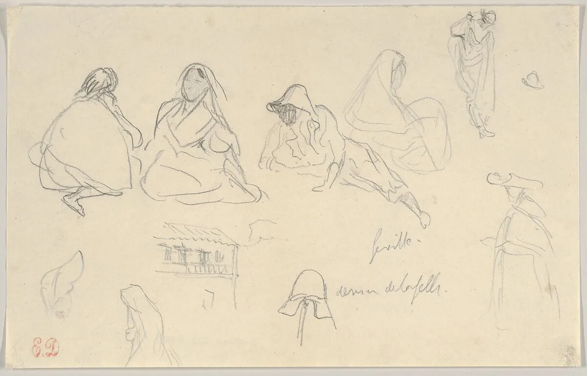 Sketches of Figures and a Tile-Roofed Building, Seville, Spain — Eugène Delacroix