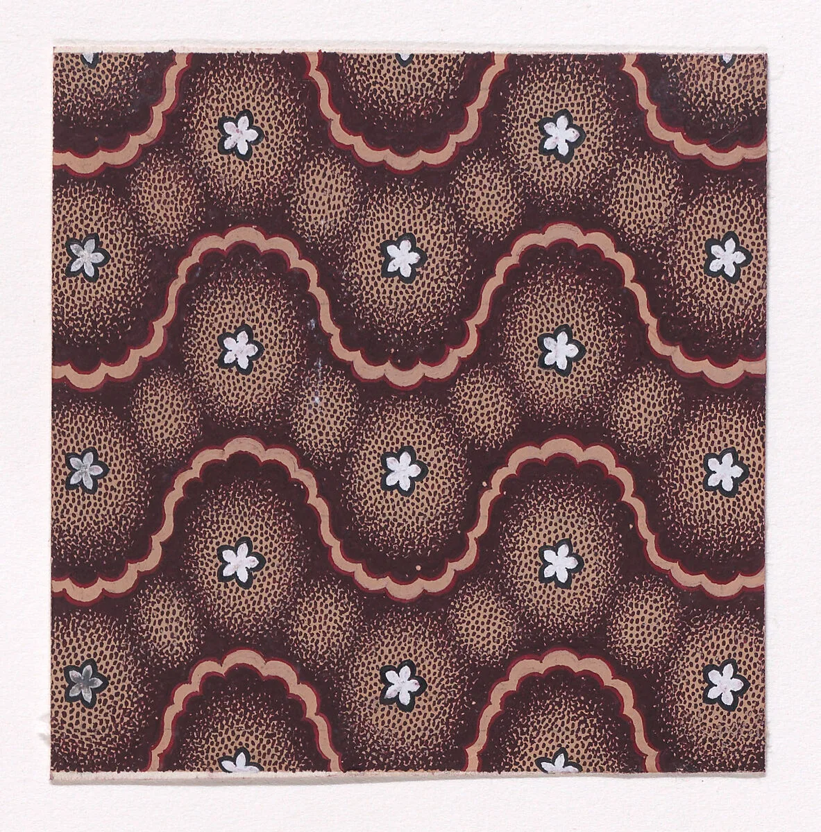 Textile Design with Undulating Horizontal Strips of Rosettes Framed by Undulating Horizontal Ribbon Strips — Anonymous, Alsatian, 19th century