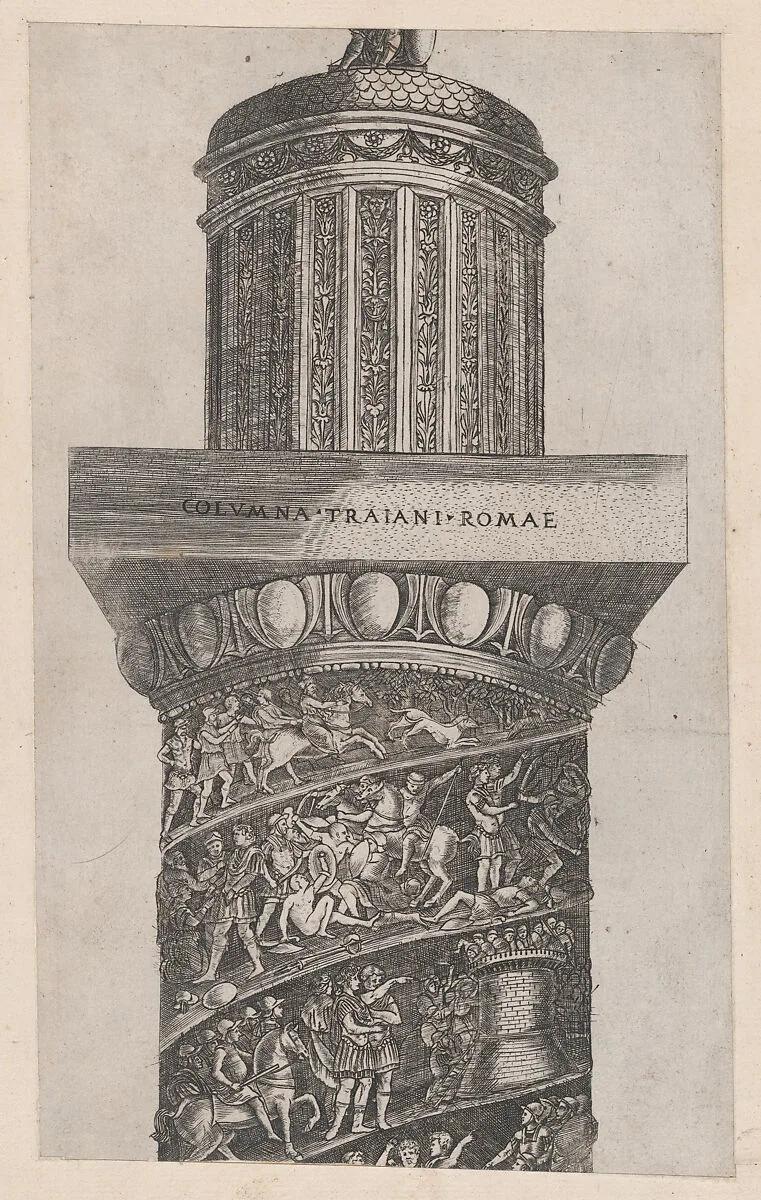 Speculum Romanae Magnificentiae: The upper portion of Trajan's Column, showing arabesque work on the crowning turret — Monogrammist G.A. & the Caltrop