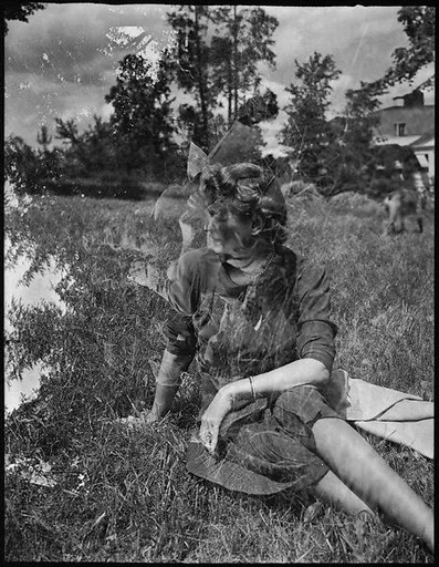 [Double Exposure: Jane Fuller Canfield on Lawn]