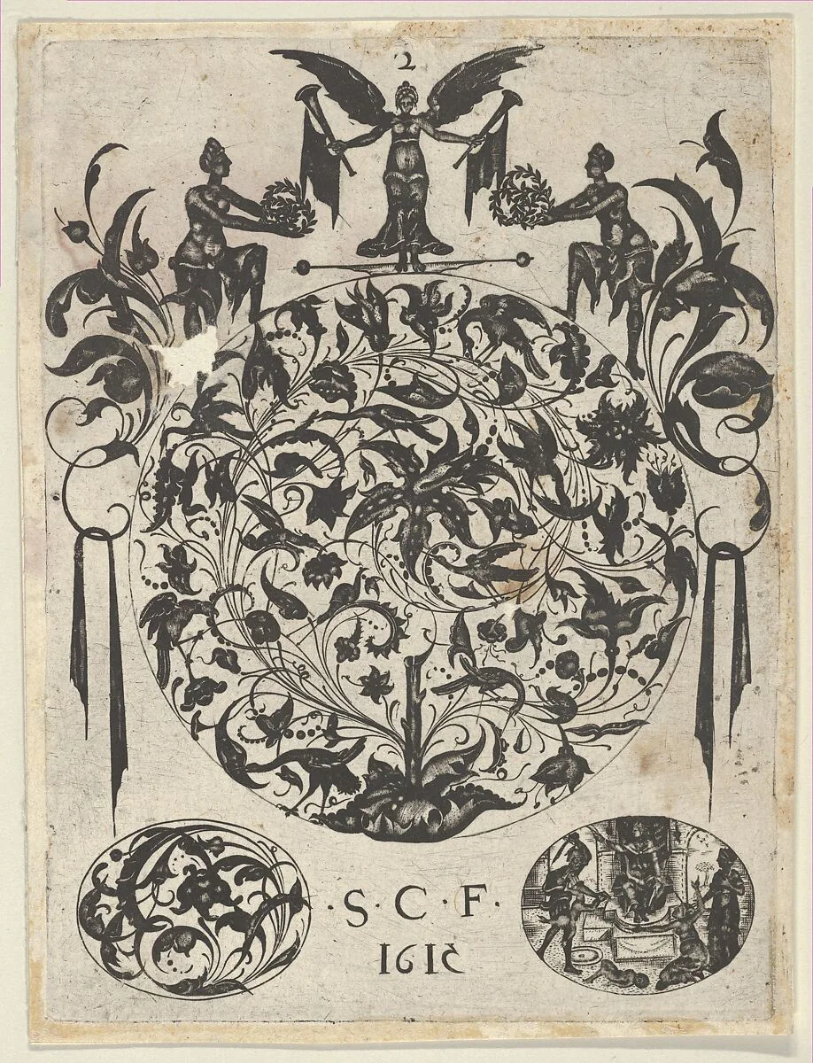 Blackwork Print with a Roundel with Tendrils and Birds Above Two Ovals, from a Series of Blackwork Prints for Goldsmiths' Work — Etienne Carteron