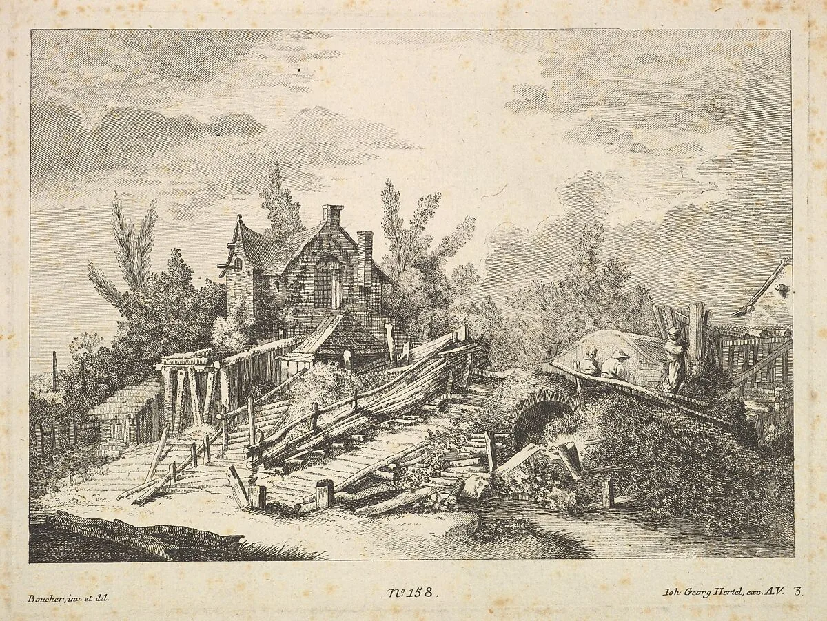 A Landscape with a Home and Three Men on a Bridge — François Boucher|Johann Georg Hertel