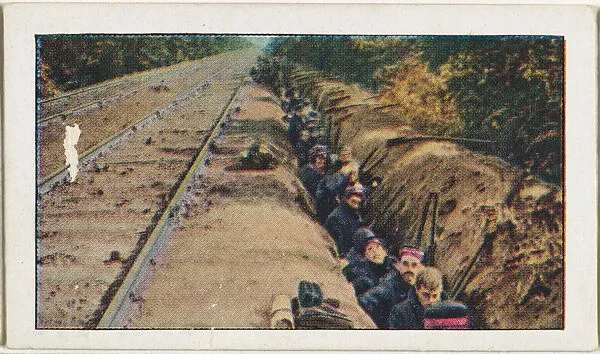 Card No. 86, Belgians Guarding Railway at Battle of Hofstade, from the World War I Scenes series (T121) issued by Sweet Caporal Cigarettes — Underwood & Underwood|American Tobacco Company
