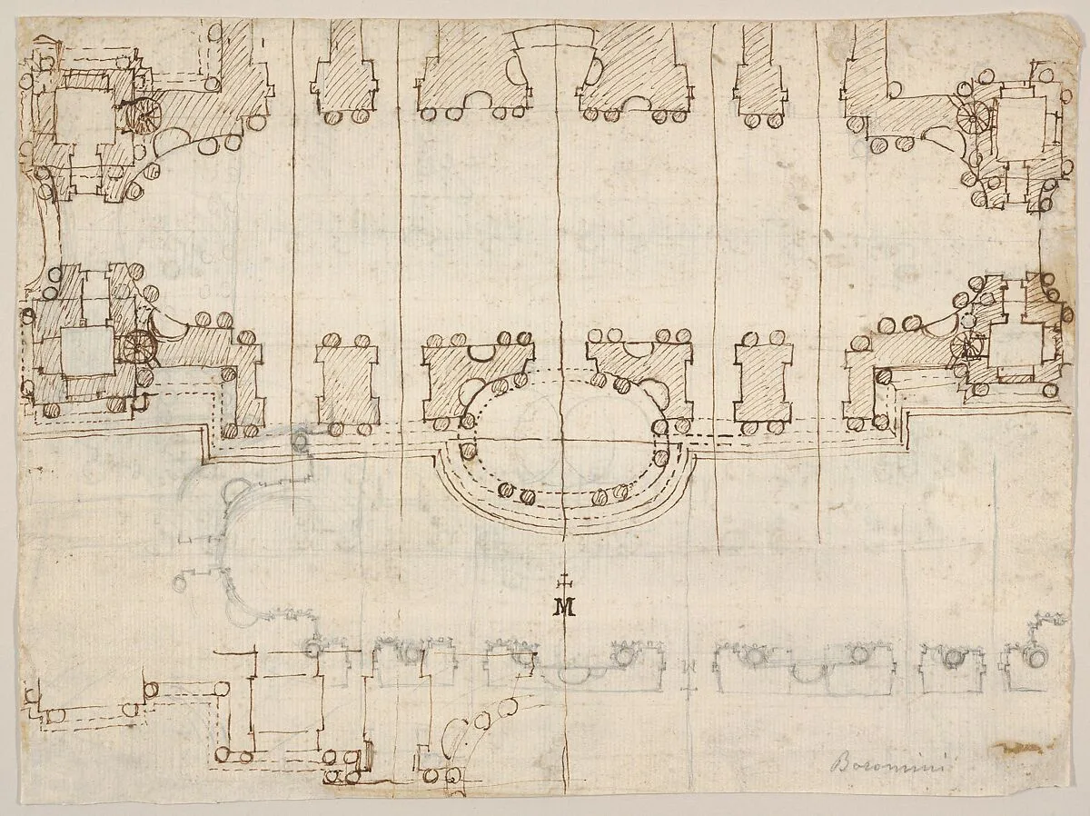 Studies for the Nave and Narthex of San Giovanni in Laterano, Rome (recto and verso) — Francesco Borromini