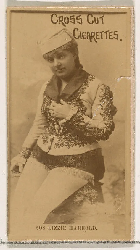 Card Number 208, Lizzie Harrold, from the Actors and Actresses series (N145-2) issued by Duke Sons & Co. to promote Cross Cut Cigarettes — W. Duke, Sons & Co.