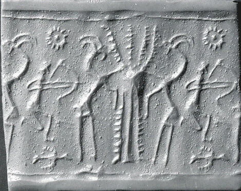 Cylinder seal and modern impression: kneeling archer and goats flanking tree