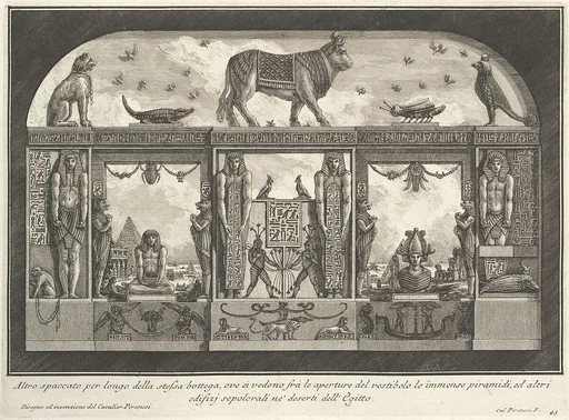 Egyptian decoration of the Caffè degli Inglesi: Animals on the cornice, including a bull at the center, from "Diverse Maniere d'adornare i cammini..." (Diverse Ways of ornamenting chimneypieces...)
