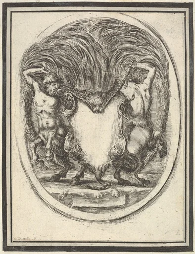 Plate 4: a cartouche formed by a tiger skin and flanked by two centaurs, from 'Nouvelles inventions de Cartouches'
