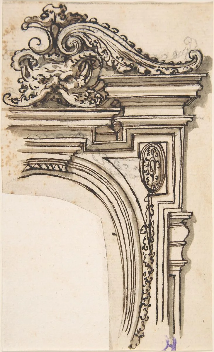Fragment of Frame Design (Recto); Sketch of a Man's Head in Profile (Verso) — Anonymous, Italian, 17th or 18th century