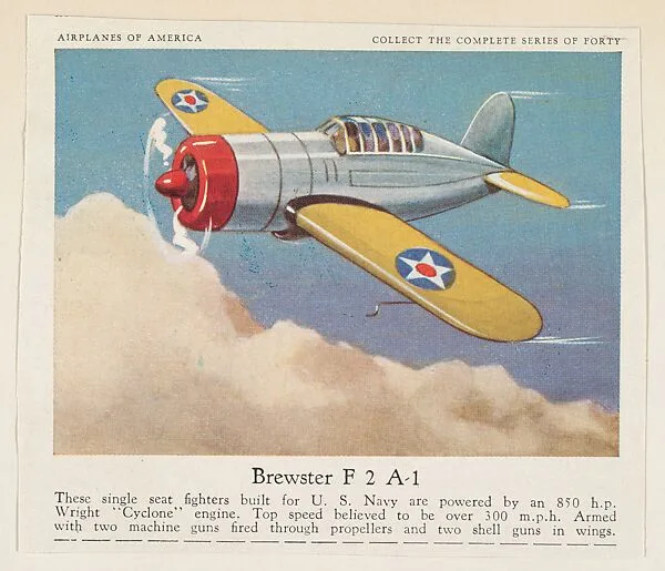 Brewster F 2 A-1, collector card from the Airplanes of America series (D2), issued by the Kelley Baking Company to promote Kelley's Bread — Kelley Baking Company