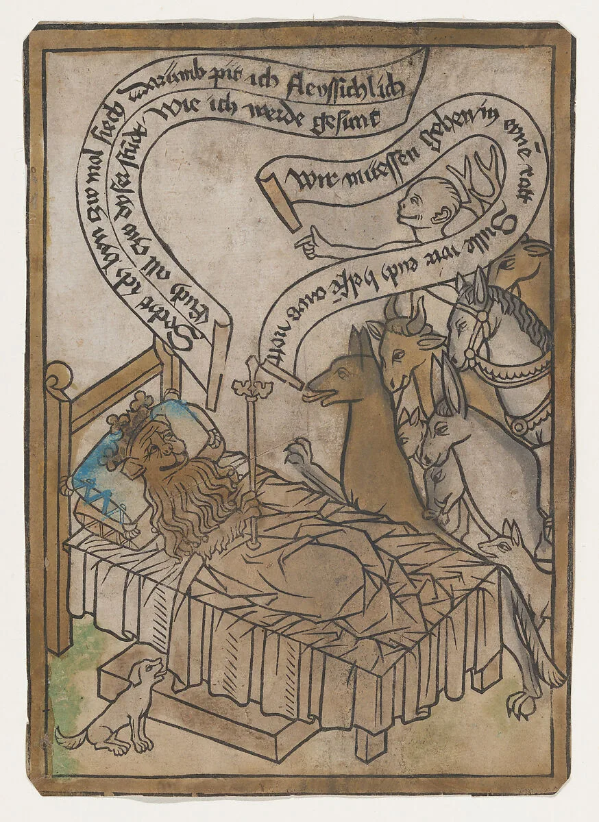 The Sick Lion Summons the Animals to His Bedside from the Sick Lion blockbook, 2nd edition — Anonymous, German, Ulm or Basel, 15th century