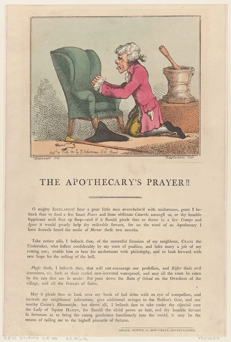 The Apothecary's Prayer!! — Edward Spragg|George Murgatroyd Woodward|Thomas Rowlandson