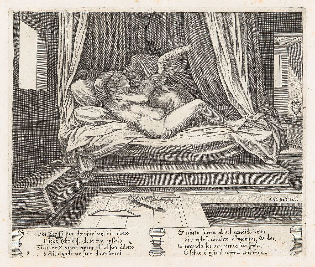Plate 9: Cupid and Psyche on a bed, from "The Story of Cupid and Psyche as told by Apuleius" — Antonio Salamanca|Master of the Die|Michiel Coxie (I)