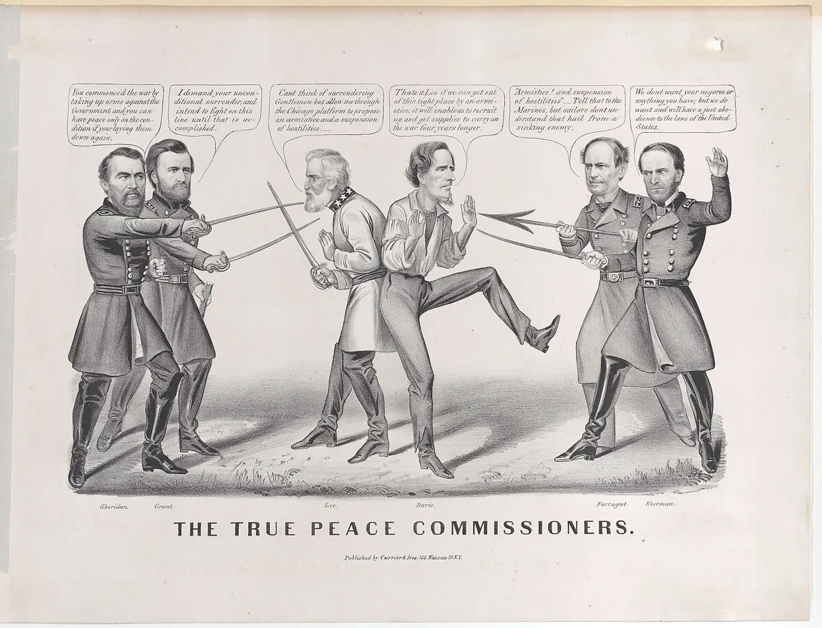 The True Peace Commissioners — Robert E. Lee|William Tecumseh Sherman|Abraham Lincoln|Major General Philip Henry Sheridan|David Glasgow Farragut|Jefferson Davis|Currier & Ives|Ulysses S. Grant