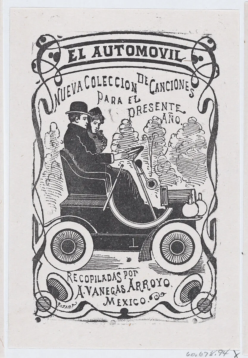 A couple sitting in an automobile, illustration for ' El Automóvil,' publisbed by Antonio Vanegas Arroyo — José Sanchez|José Guadalupe Posada