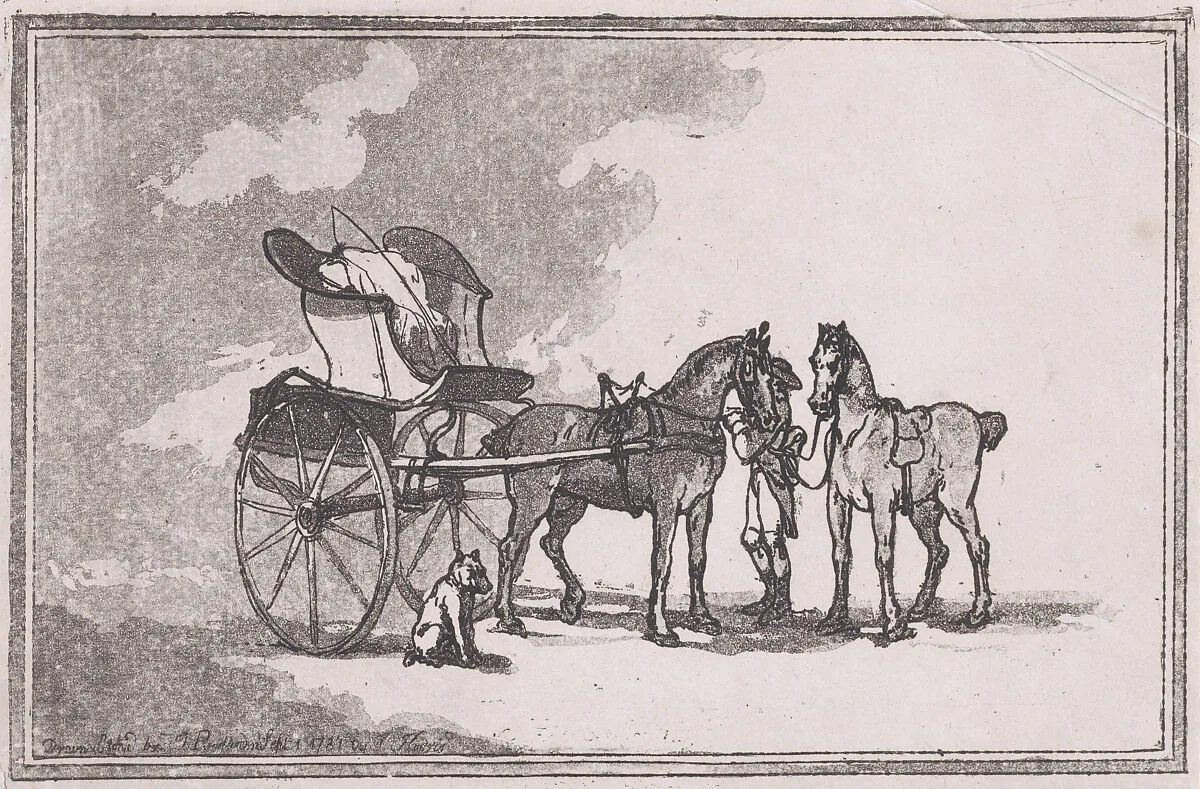 A Cabriolet or Curricle with a Man Holding Two Horses (A Post Chaise) — Thomas Rowlandson|John Harris