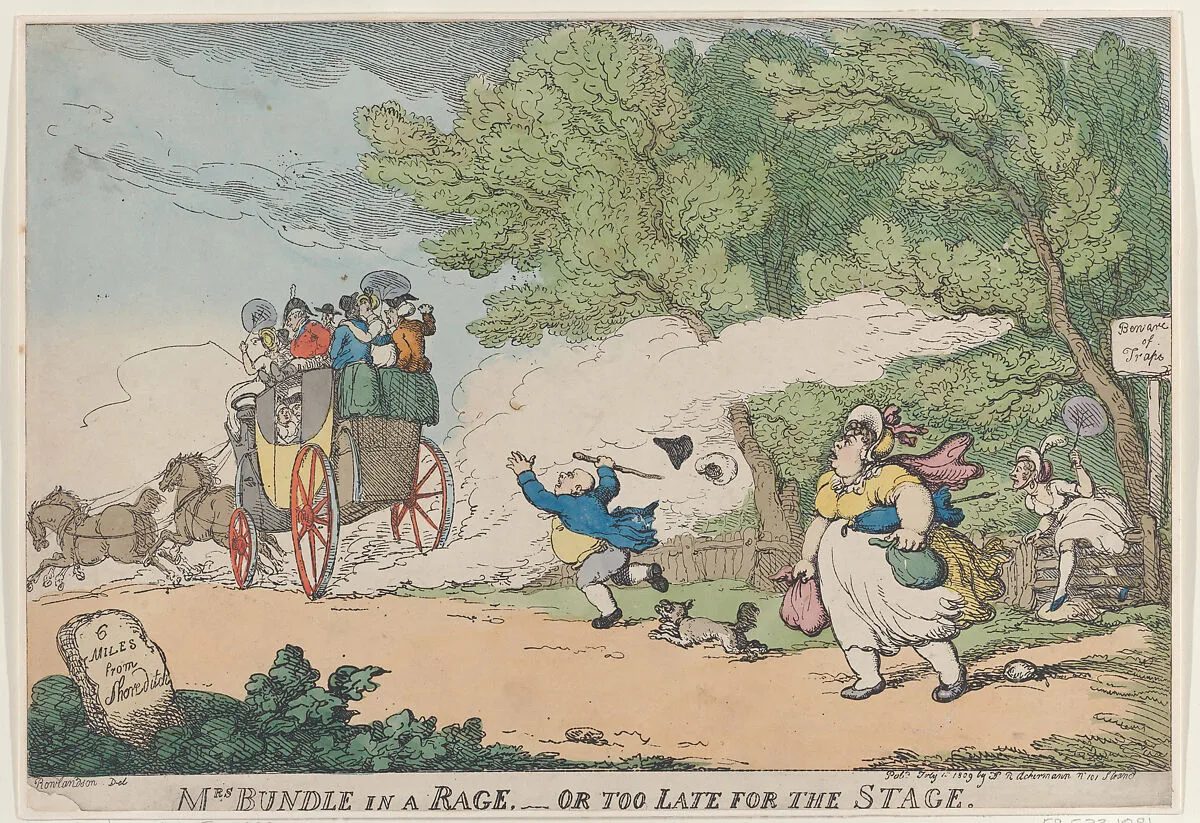 Mrs. Bundle in a Rage or too late for the Stage — Rudolph Ackermann, London|Thomas Rowlandson