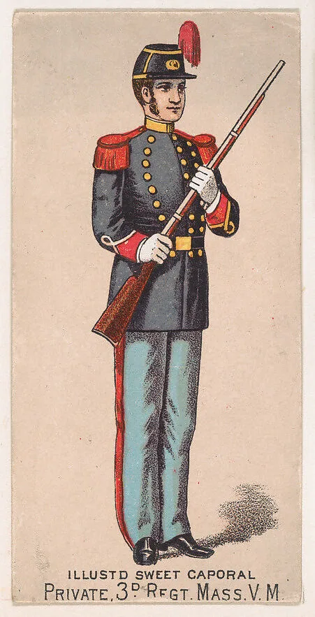 Private, 3rd Regiment, Massachusetts, V.M., from the Military Series (N224) issued by Kinney Tobacco Company to promote Sweet Caporal Cigarettes — Kinney Brothers Tobacco Company
