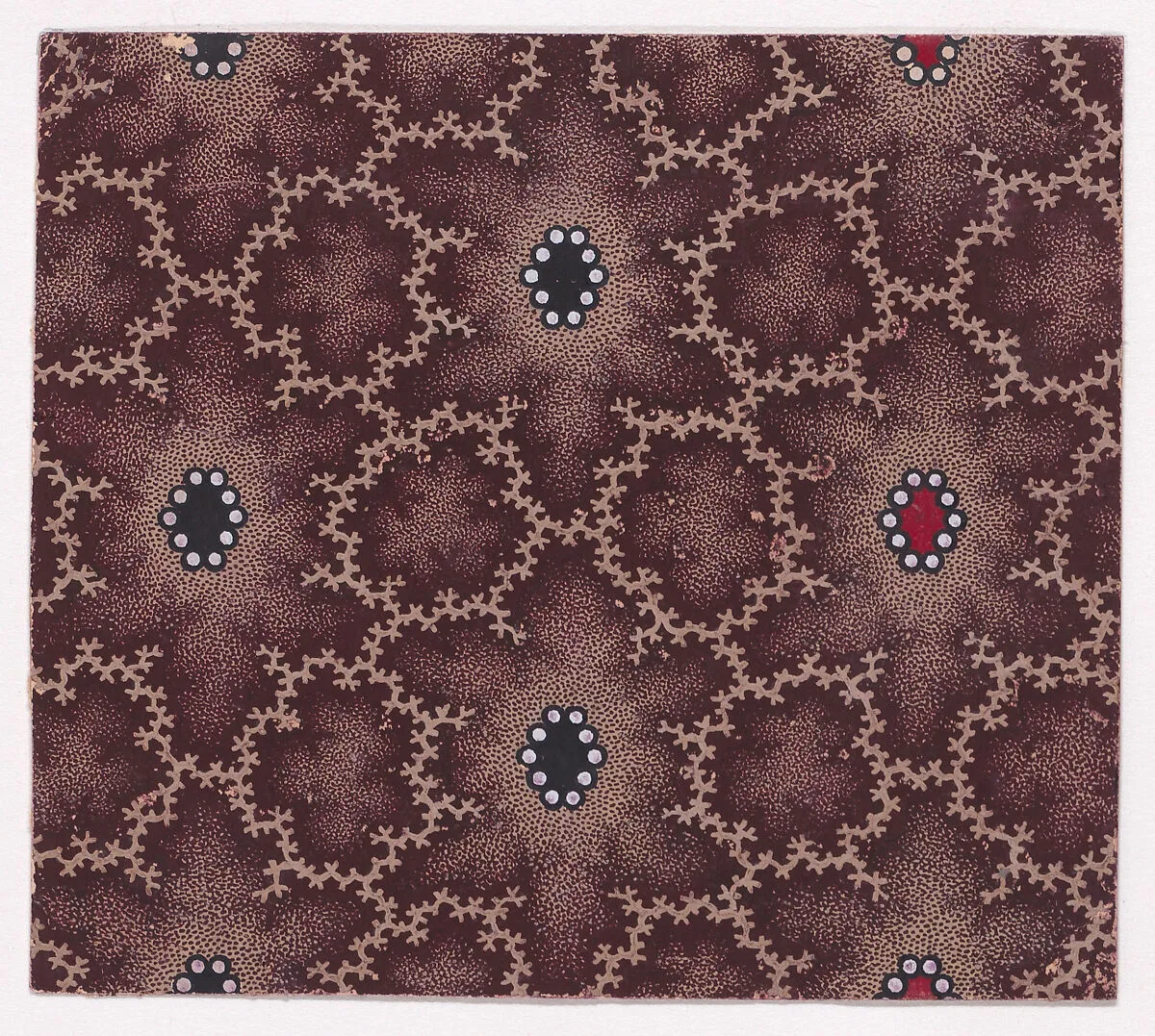 Textile Design with Alternating Vertical Rows of Lozenges and Pearls Framed by Interlacing Garlands of Branches — Anonymous, Alsatian, 19th century